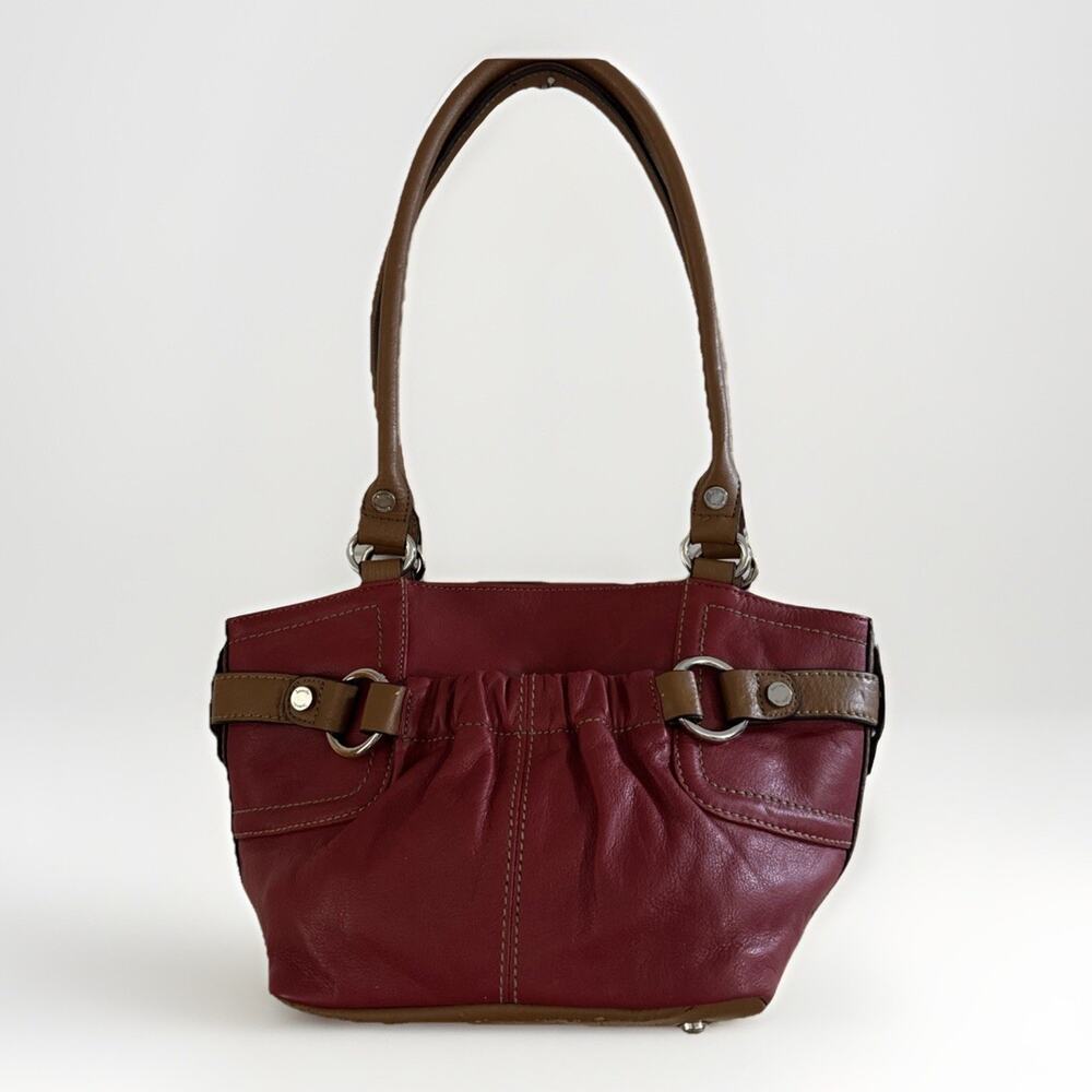 Tignanello Red Leather Hobo Bag Vintage Ruched Shoulder Purse Handbag Brown Trim